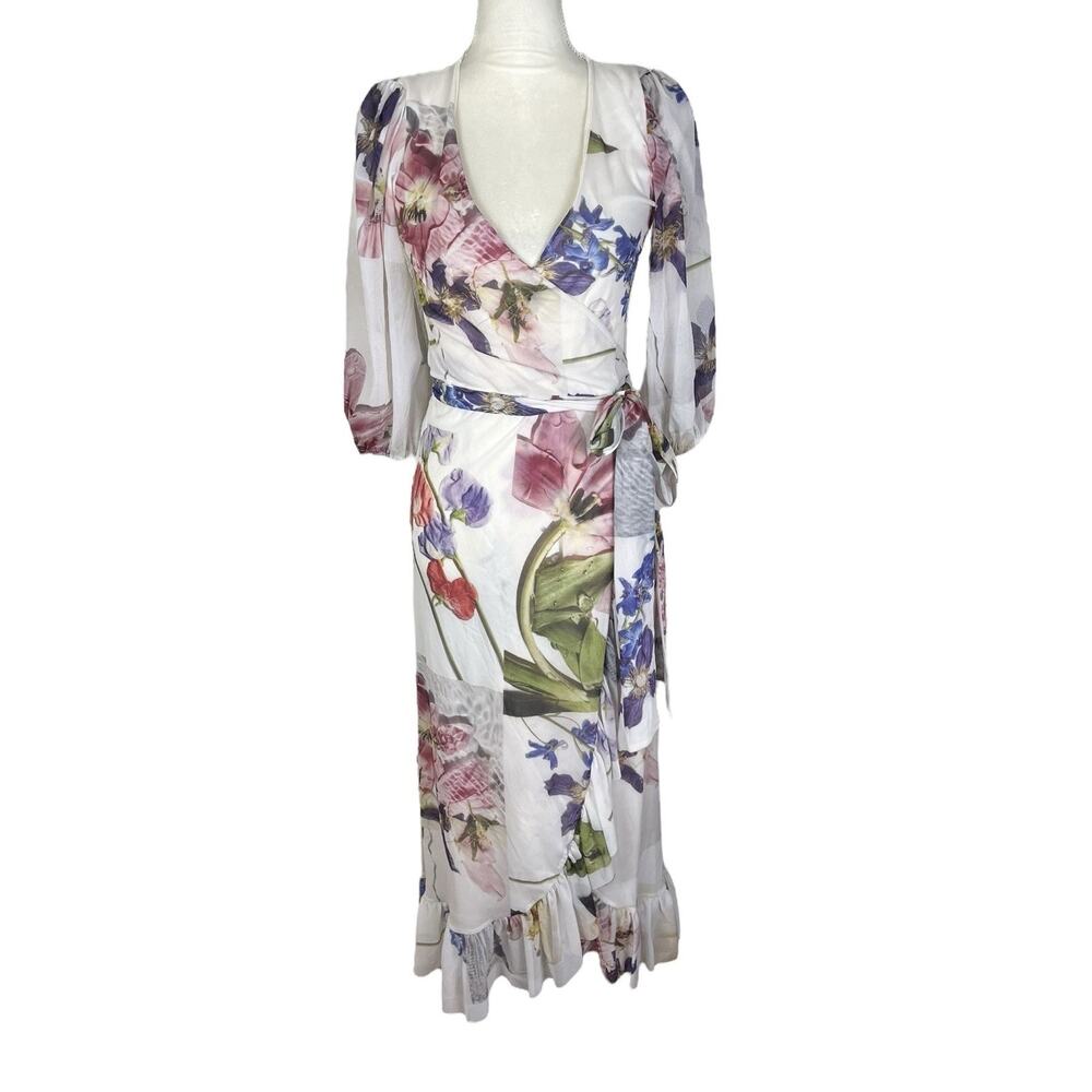 Ganni Tilden Floral Mesh Wrap Midi Dress Cottagecore Romantic Whimsy Size 36 - Picture 2 of 8